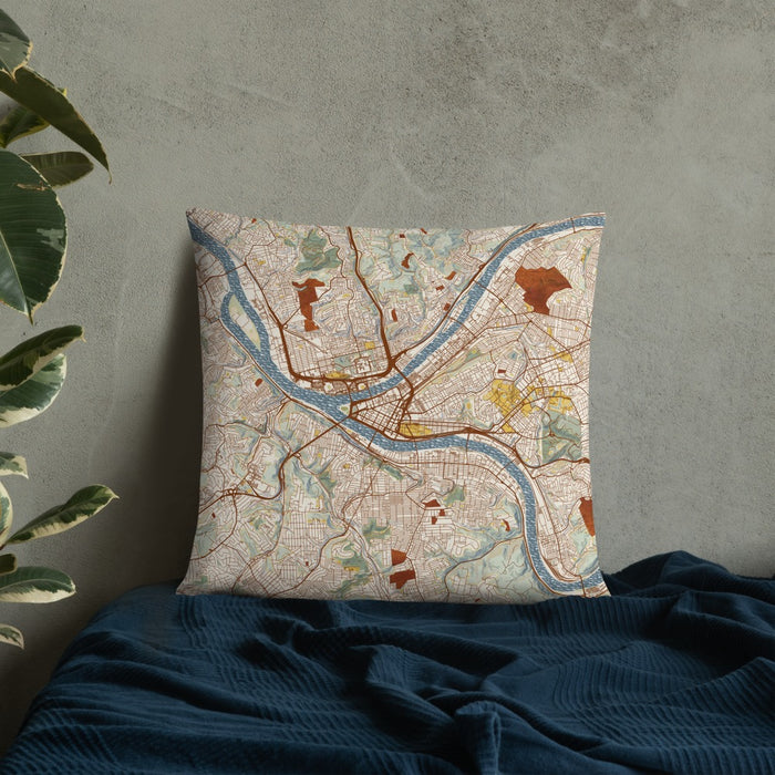Custom Pittsburgh Pennsylvania Map Throw Pillow in Woodblock on Bedding Against Wall
