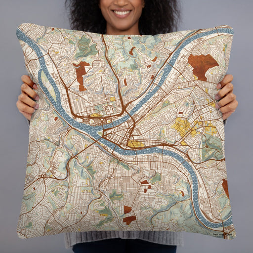 Person holding 22x22 Custom Pittsburgh Pennsylvania Map Throw Pillow in Woodblock