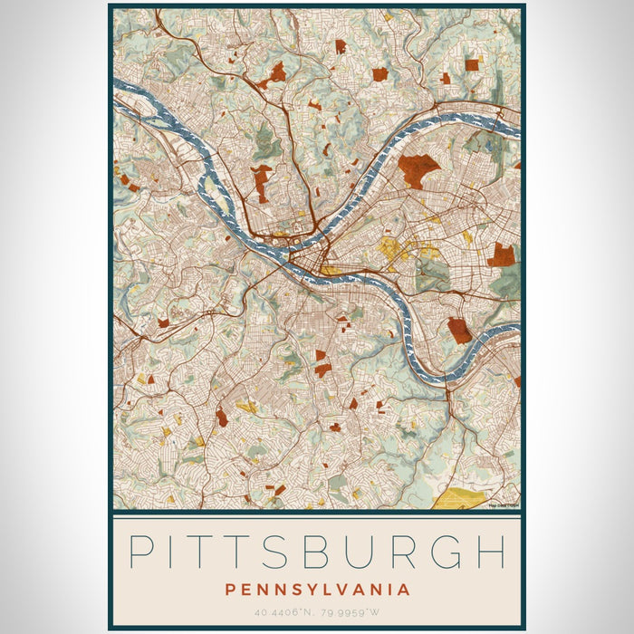 Pittsburgh Pennsylvania Map Print Portrait Orientation in Woodblock Style With Shaded Background