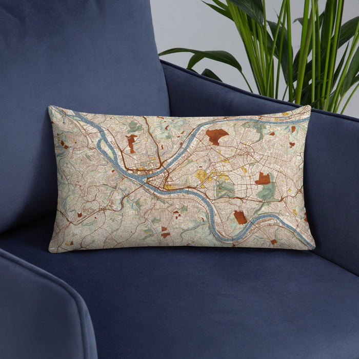 Custom Pittsburgh Pennsylvania Map Throw Pillow in Woodblock on Blue Colored Chair