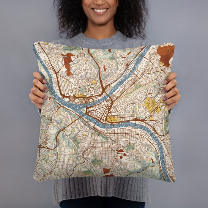 Person holding 18x18 Custom Pittsburgh Pennsylvania Map Throw Pillow in Woodblock