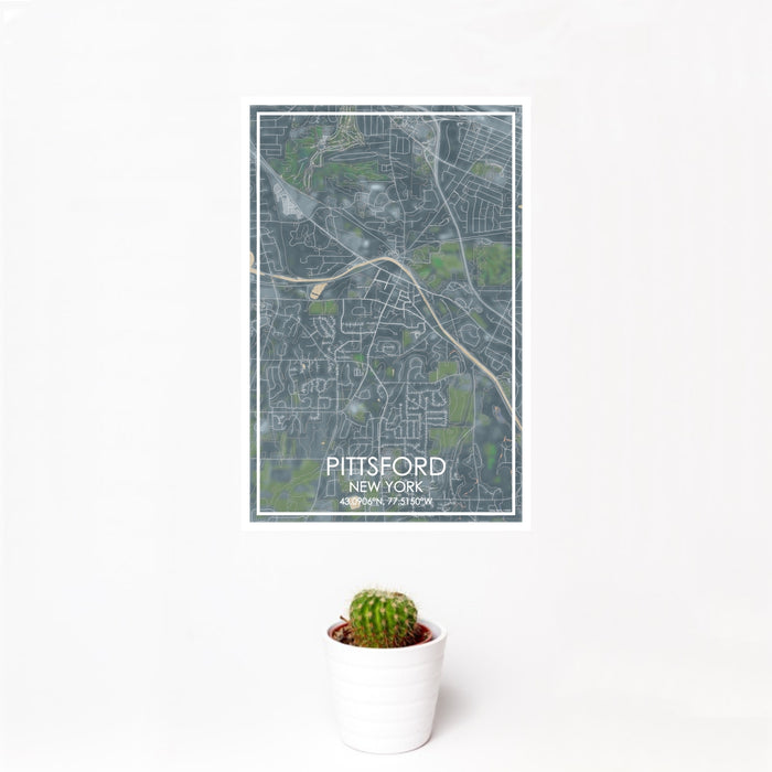 12x18 Pittsford New York Map Print Portrait Orientation in Afternoon Style With Small Cactus Plant in White Planter