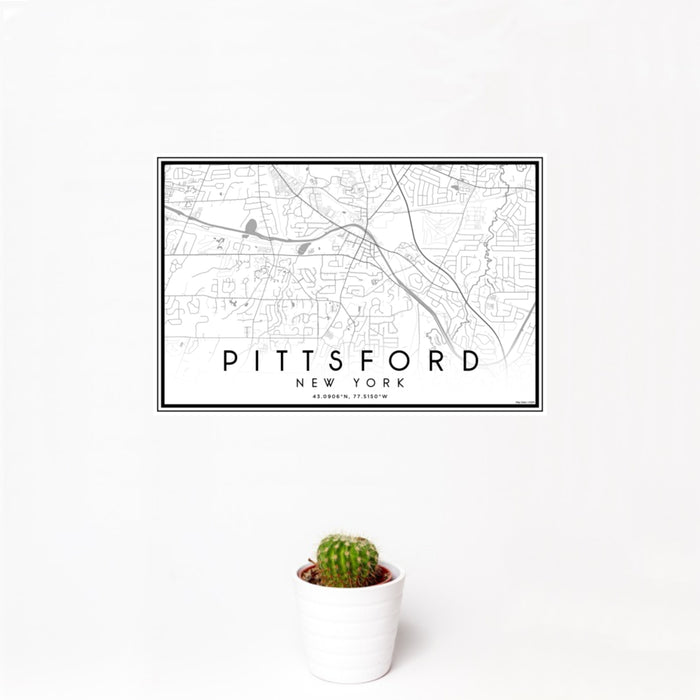 12x18 Pittsford New York Map Print Landscape Orientation in Classic Style With Small Cactus Plant in White Planter