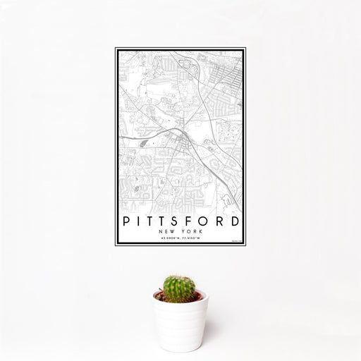 12x18 Pittsford New York Map Print Portrait Orientation in Classic Style With Small Cactus Plant in White Planter
