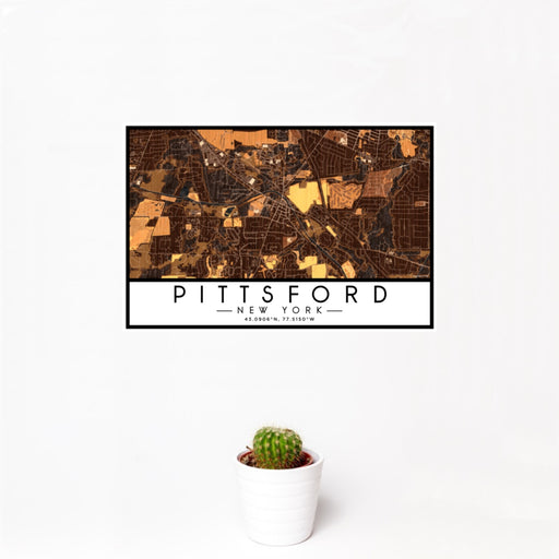 12x18 Pittsford New York Map Print Landscape Orientation in Ember Style With Small Cactus Plant in White Planter