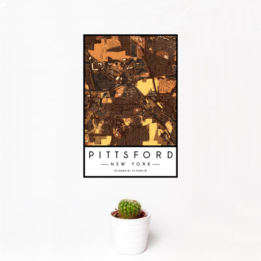 12x18 Pittsford New York Map Print Portrait Orientation in Ember Style With Small Cactus Plant in White Planter
