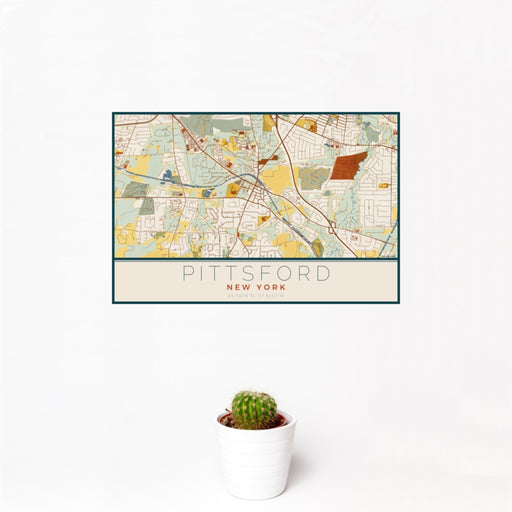 12x18 Pittsford New York Map Print Landscape Orientation in Woodblock Style With Small Cactus Plant in White Planter