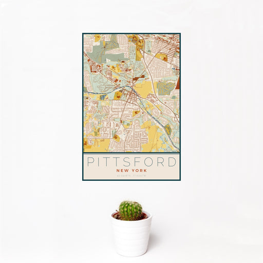 12x18 Pittsford New York Map Print Portrait Orientation in Woodblock Style With Small Cactus Plant in White Planter