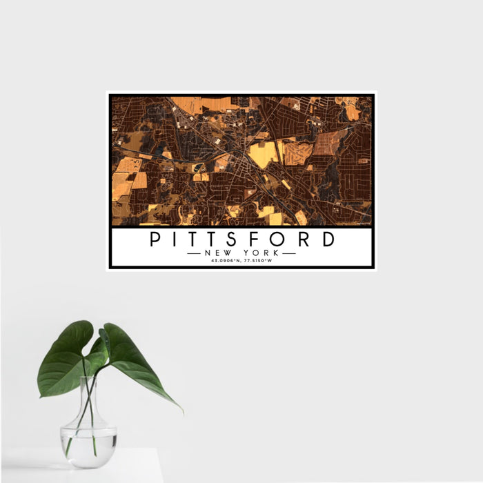 16x24 Pittsford New York Map Print Landscape Orientation in Ember Style With Tropical Plant Leaves in Water