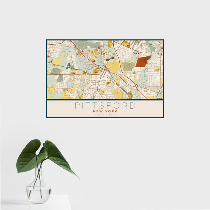 16x24 Pittsford New York Map Print Landscape Orientation in Woodblock Style With Tropical Plant Leaves in Water