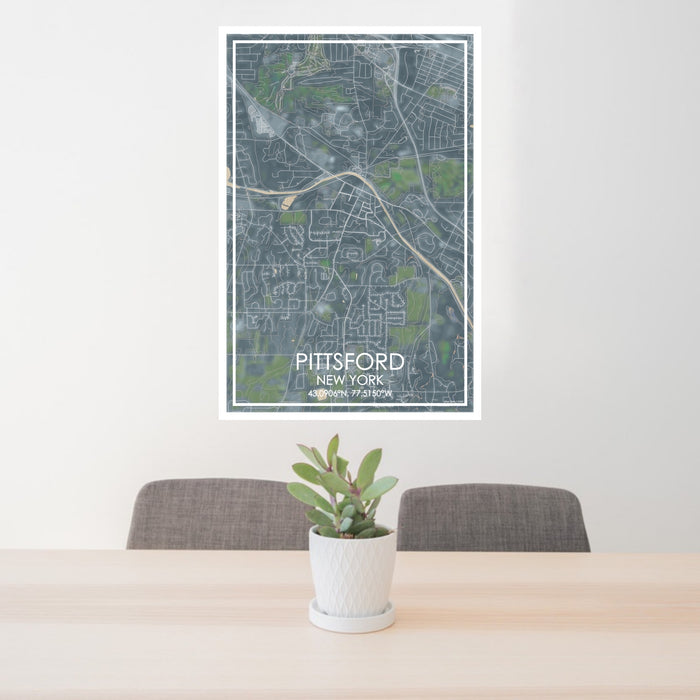 24x36 Pittsford New York Map Print Portrait Orientation in Afternoon Style Behind 2 Chairs Table and Potted Plant