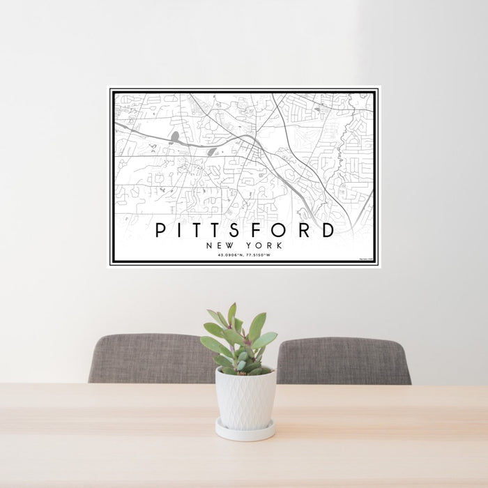 24x36 Pittsford New York Map Print Lanscape Orientation in Classic Style Behind 2 Chairs Table and Potted Plant