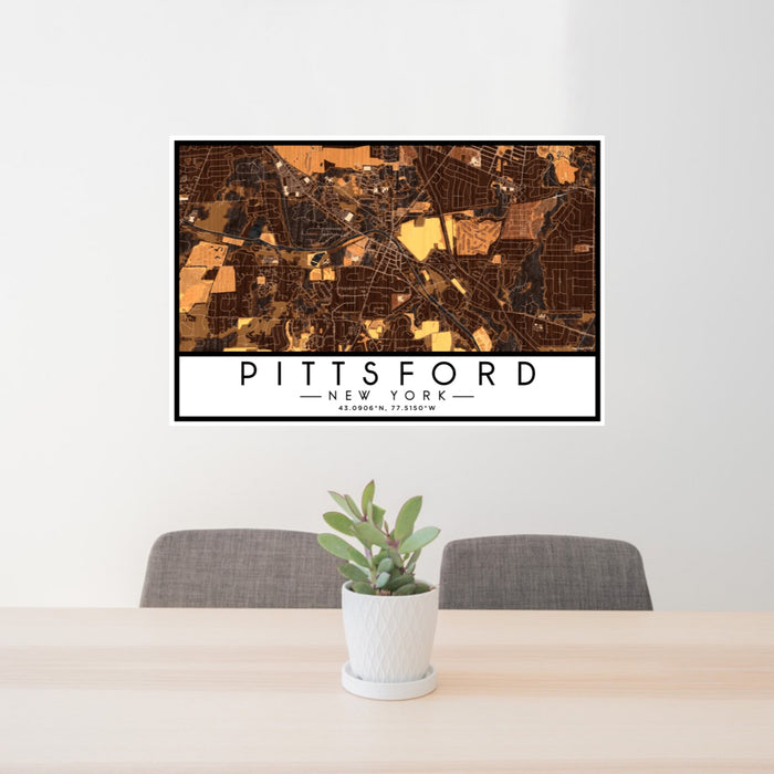24x36 Pittsford New York Map Print Lanscape Orientation in Ember Style Behind 2 Chairs Table and Potted Plant