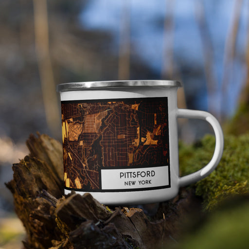 Right View Custom Pittsford New York Map Enamel Mug in Ember on Grass With Trees in Background