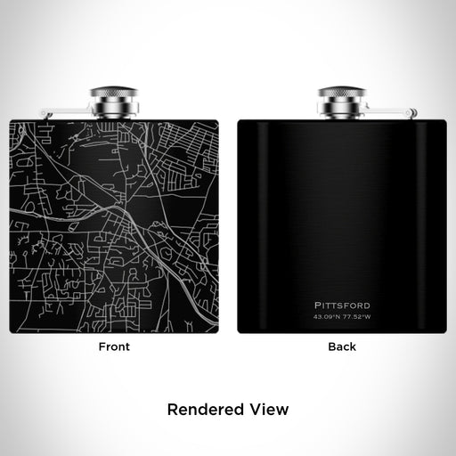 Rendered View of Pittsford New York Map Engraving on 6oz Stainless Steel Flask in Black