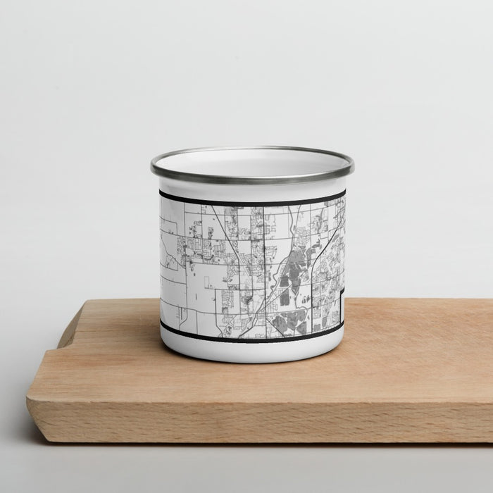 Front View Custom Plainfield Illinois Map Enamel Mug in Classic on Cutting Board