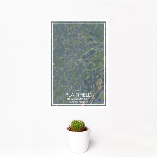 12x18 Plainfield New Hampshire Map Print Portrait Orientation in Afternoon Style With Small Cactus Plant in White Planter