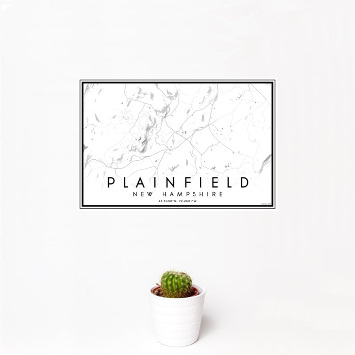 12x18 Plainfield New Hampshire Map Print Landscape Orientation in Classic Style With Small Cactus Plant in White Planter
