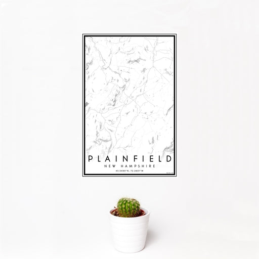 12x18 Plainfield New Hampshire Map Print Portrait Orientation in Classic Style With Small Cactus Plant in White Planter
