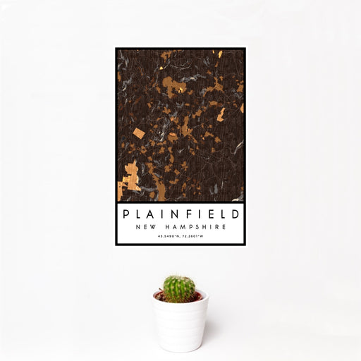 12x18 Plainfield New Hampshire Map Print Portrait Orientation in Ember Style With Small Cactus Plant in White Planter