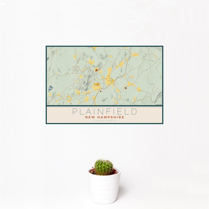 12x18 Plainfield New Hampshire Map Print Landscape Orientation in Woodblock Style With Small Cactus Plant in White Planter