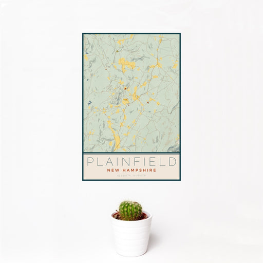 12x18 Plainfield New Hampshire Map Print Portrait Orientation in Woodblock Style With Small Cactus Plant in White Planter