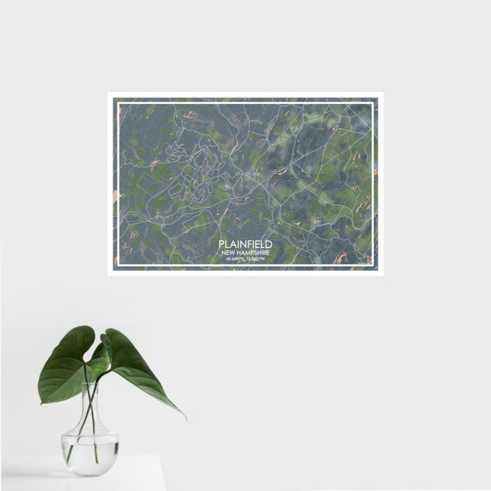 16x24 Plainfield New Hampshire Map Print Landscape Orientation in Afternoon Style With Tropical Plant Leaves in Water