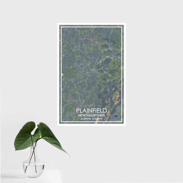 16x24 Plainfield New Hampshire Map Print Portrait Orientation in Afternoon Style With Tropical Plant Leaves in Water