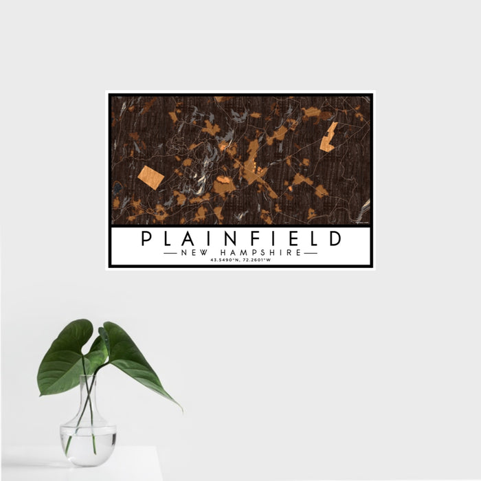 16x24 Plainfield New Hampshire Map Print Landscape Orientation in Ember Style With Tropical Plant Leaves in Water