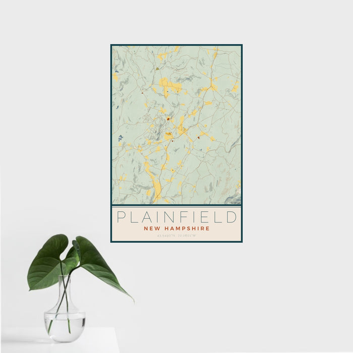 16x24 Plainfield New Hampshire Map Print Portrait Orientation in Woodblock Style With Tropical Plant Leaves in Water