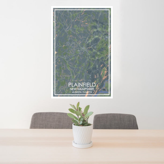 24x36 Plainfield New Hampshire Map Print Portrait Orientation in Afternoon Style Behind 2 Chairs Table and Potted Plant