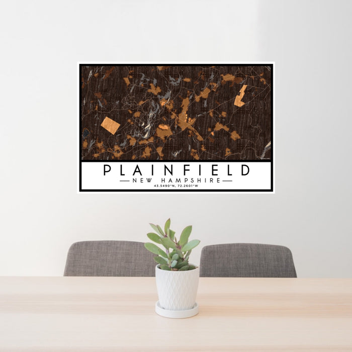 24x36 Plainfield New Hampshire Map Print Lanscape Orientation in Ember Style Behind 2 Chairs Table and Potted Plant