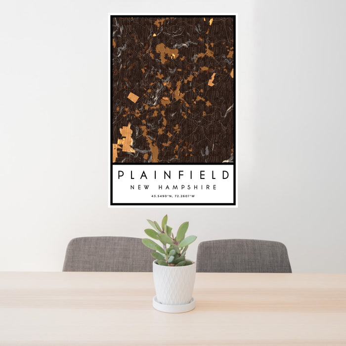 24x36 Plainfield New Hampshire Map Print Portrait Orientation in Ember Style Behind 2 Chairs Table and Potted Plant