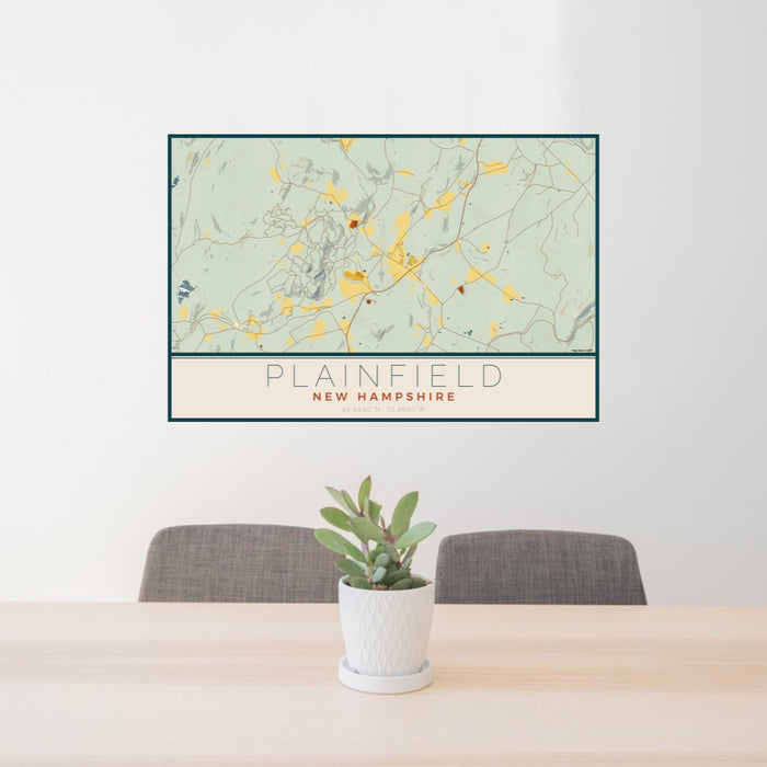 24x36 Plainfield New Hampshire Map Print Lanscape Orientation in Woodblock Style Behind 2 Chairs Table and Potted Plant