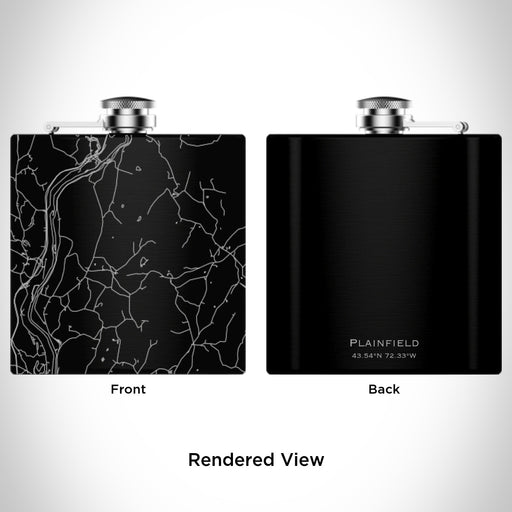 Rendered View of Plainfield New Hampshire Map Engraving on 6oz Stainless Steel Flask in Black