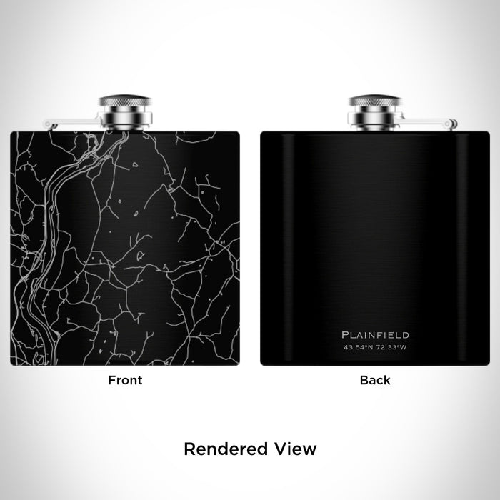 Rendered View of Plainfield New Hampshire Map Engraving on 6oz Stainless Steel Flask in Black