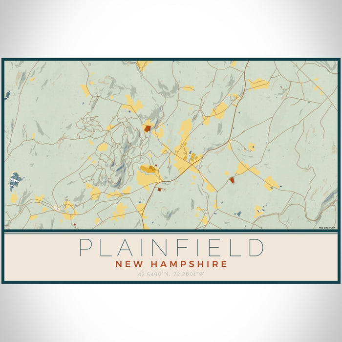 Plainfield New Hampshire Map Print Landscape Orientation in Woodblock Style With Shaded Background
