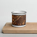 Front View Custom Plainfield New Jersey Map Enamel Mug in Ember on Cutting Board