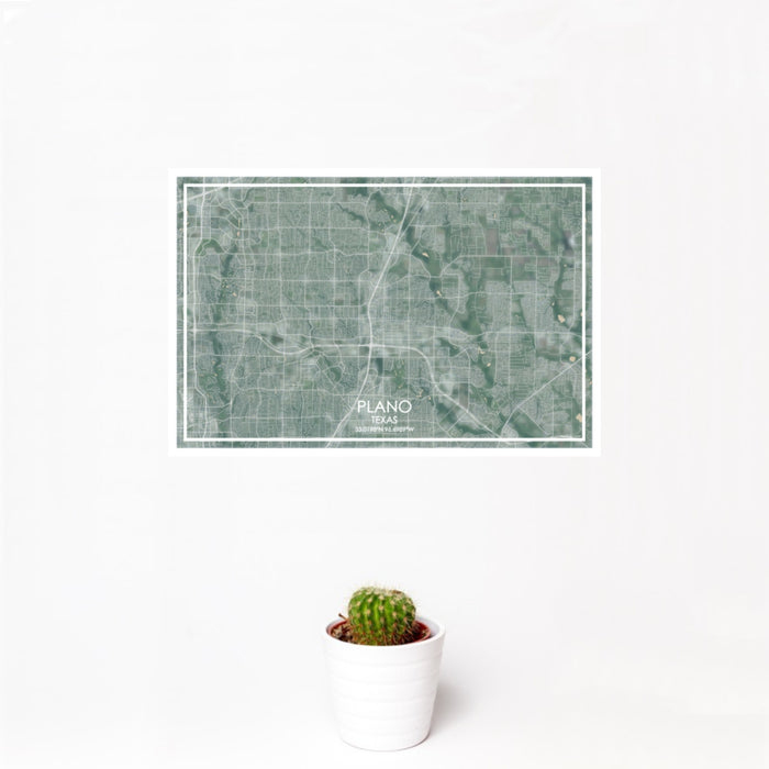 12x18 Plano Texas Map Print Landscape Orientation in Afternoon Style With Small Cactus Plant in White Planter