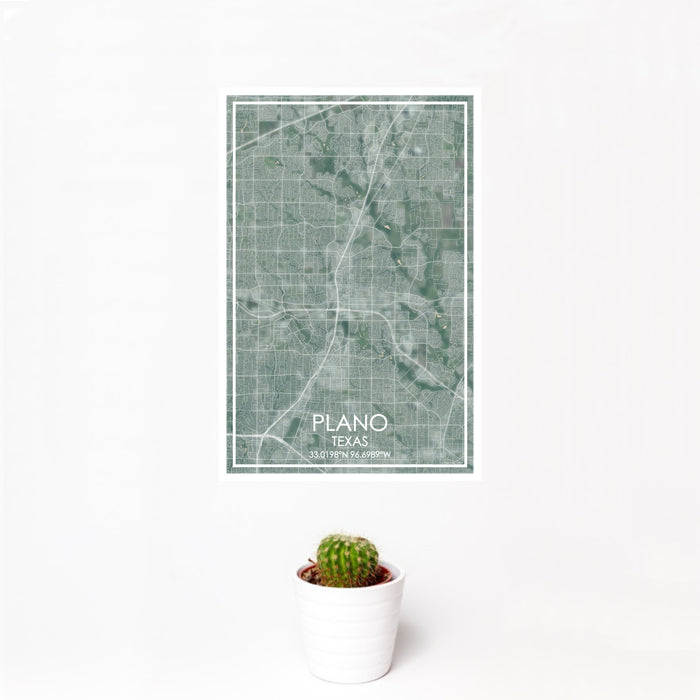 12x18 Plano Texas Map Print Portrait Orientation in Afternoon Style With Small Cactus Plant in White Planter