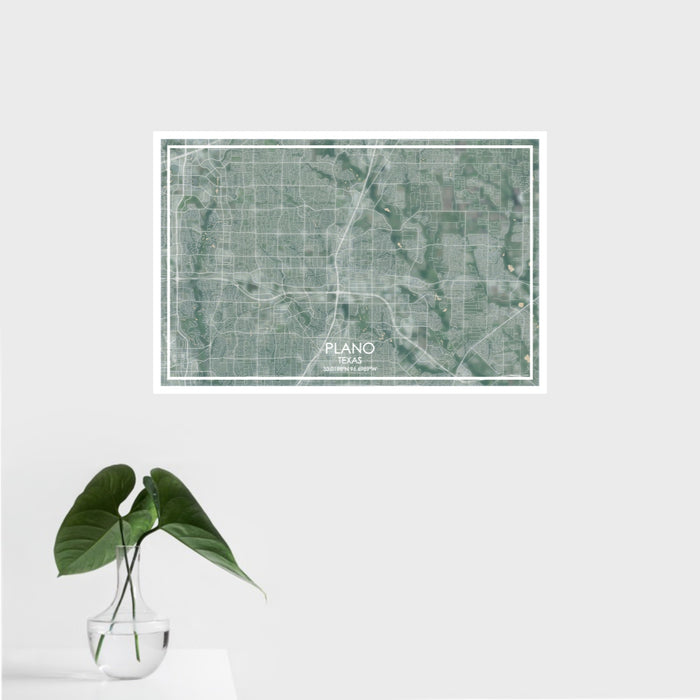 16x24 Plano Texas Map Print Landscape Orientation in Afternoon Style With Tropical Plant Leaves in Water