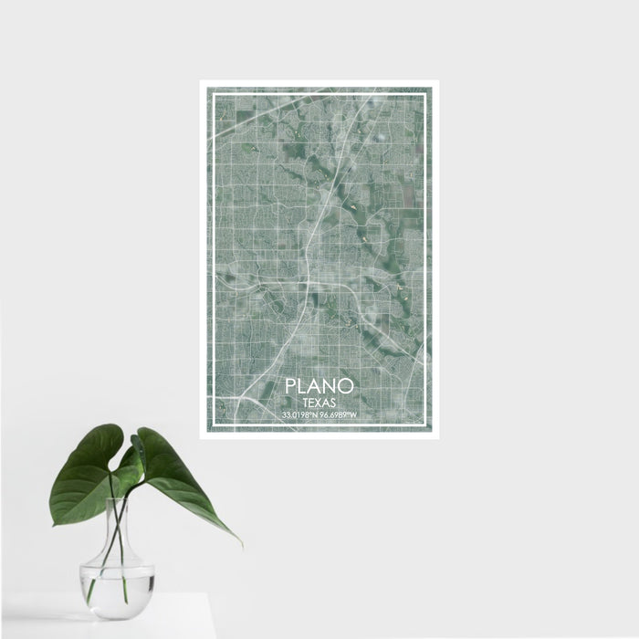 16x24 Plano Texas Map Print Portrait Orientation in Afternoon Style With Tropical Plant Leaves in Water