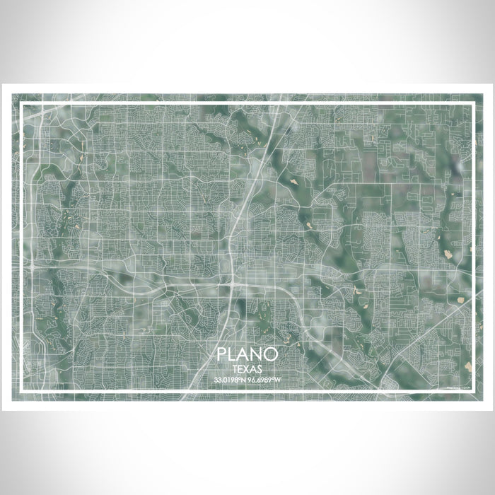 Plano Texas Map Print Landscape Orientation in Afternoon Style With Shaded Background