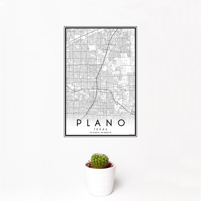 12x18 Plano Texas Map Print Portrait Orientation in Classic Style With Small Cactus Plant in White Planter