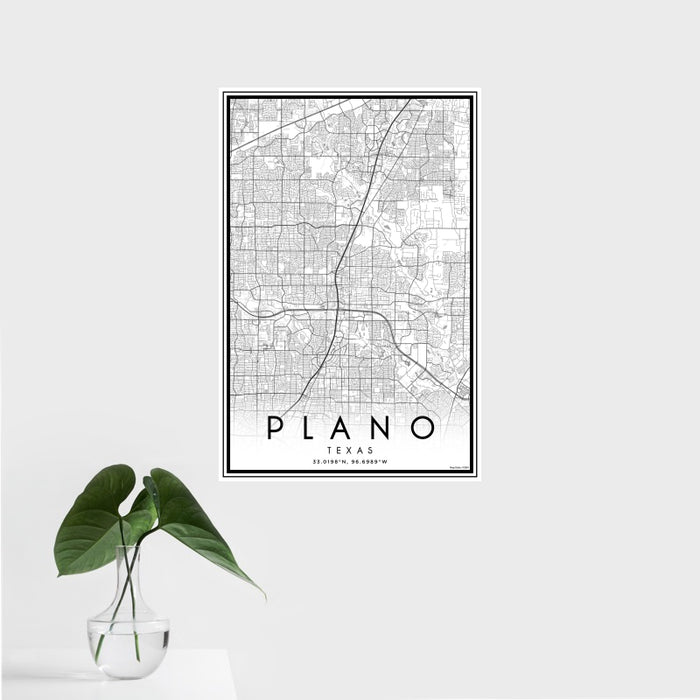 16x24 Plano Texas Map Print Portrait Orientation in Classic Style With Tropical Plant Leaves in Water
