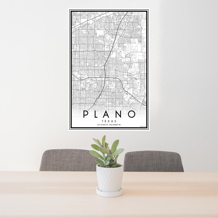 24x36 Plano Texas Map Print Portrait Orientation in Classic Style Behind 2 Chairs Table and Potted Plant