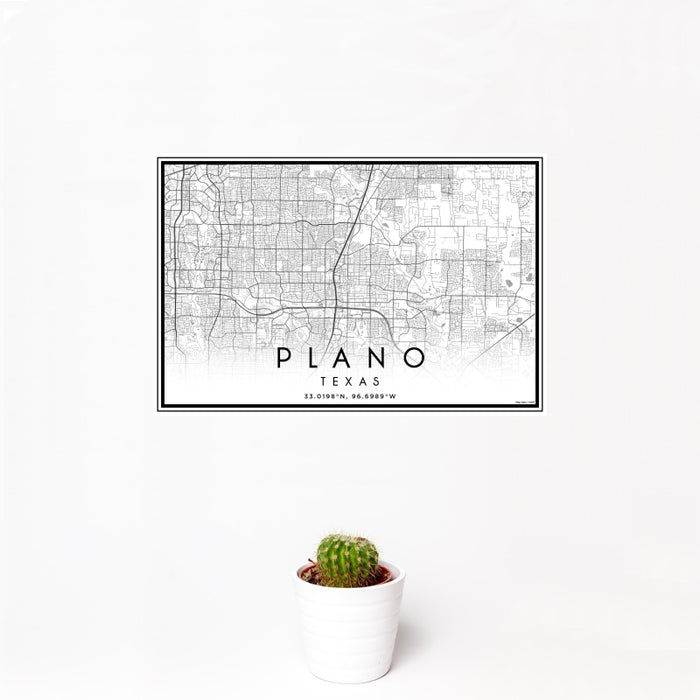 12x18 Plano Texas Map Print Landscape Orientation in Classic Style With Small Cactus Plant in White Planter