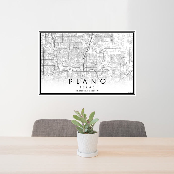 24x36 Plano Texas Map Print Landscape Orientation in Classic Style Behind 2 Chairs Table and Potted Plant
