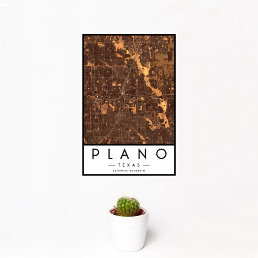 12x18 Plano Texas Map Print Portrait Orientation in Ember Style With Small Cactus Plant in White Planter