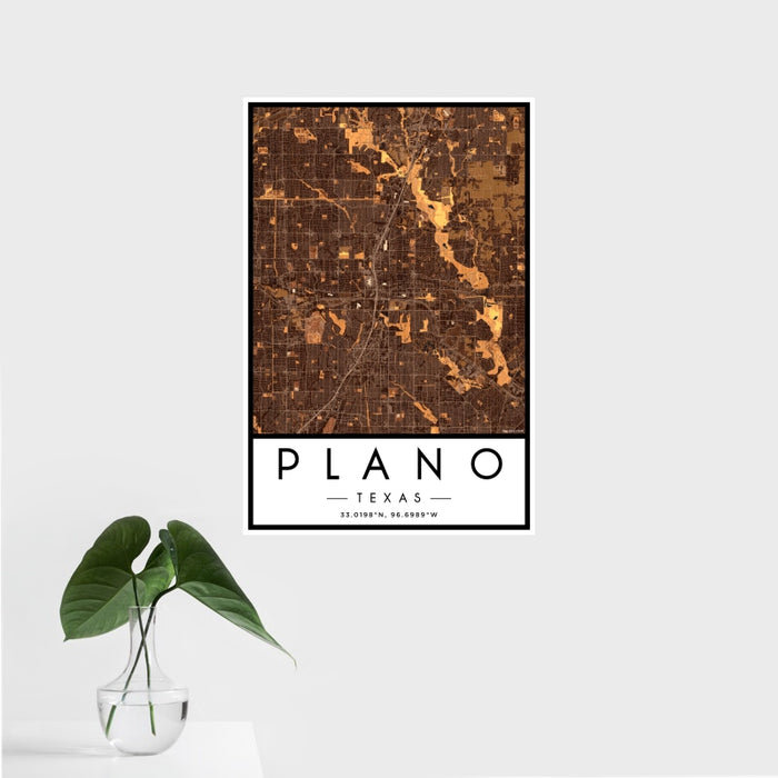 16x24 Plano Texas Map Print Portrait Orientation in Ember Style With Tropical Plant Leaves in Water